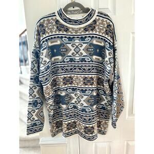 Vintage Tribal Print Blue & Beige Mockneck Sweater